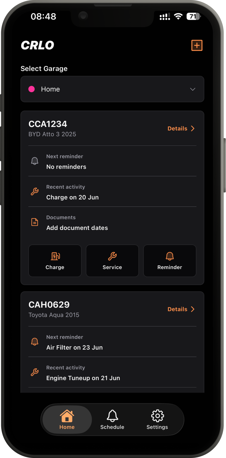 CRLO home screen listing the Home garage with a BYD Atto 3 and a Toyota Aqua, each showing next reminder and recent activity